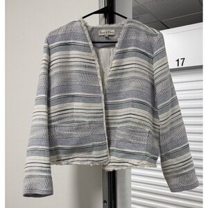 EMMA & OLIVIA Women's Striped Textured Blazer Blue White Frill Edges Size Large